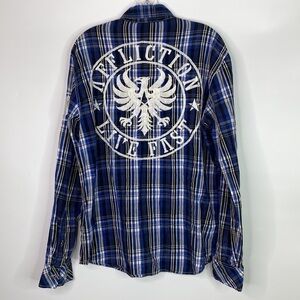 Affliction Motor Club Black Premium Blue Plaid Button Up Shirt Size Large